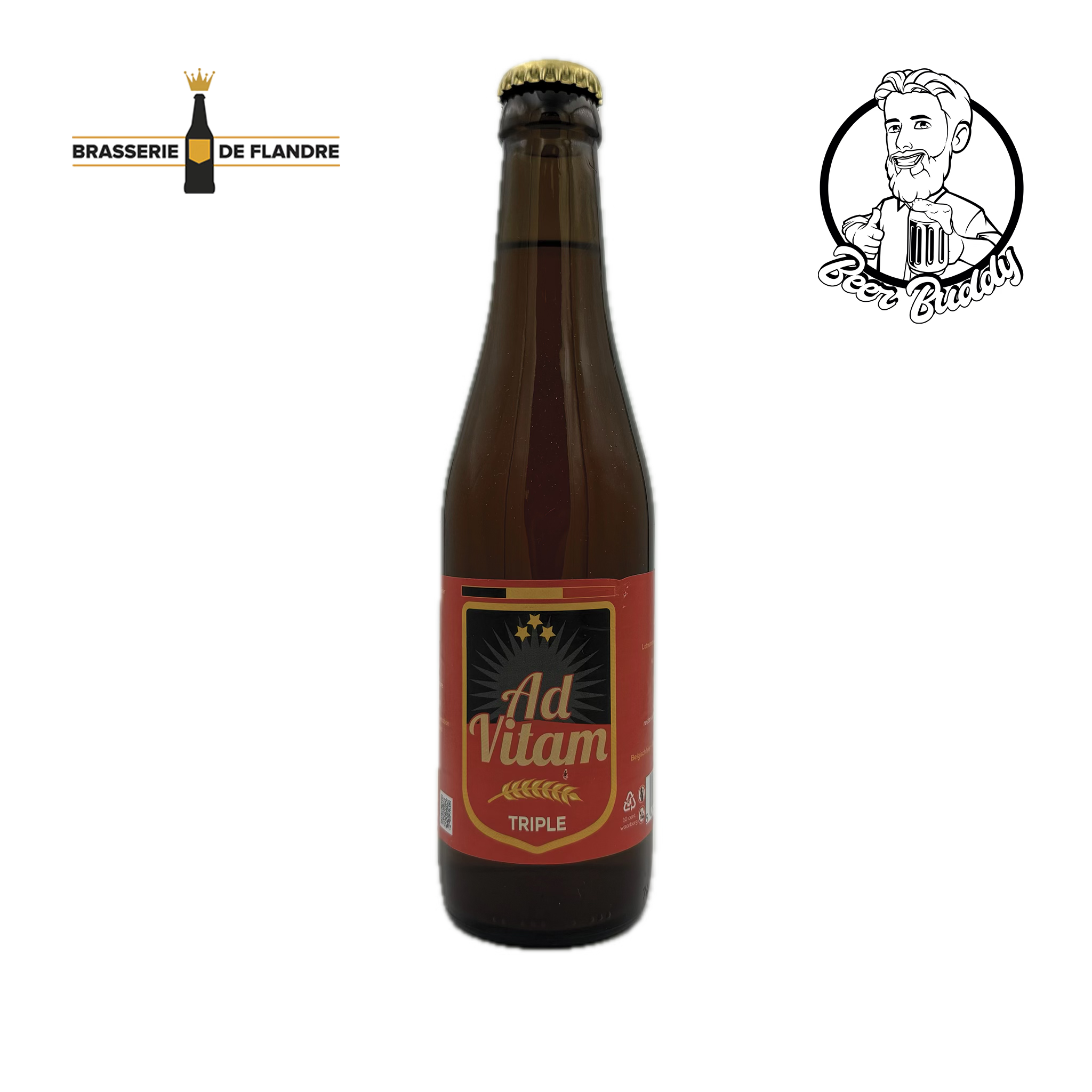 Een bruine glazen fles Ad Vitam Tripel-bier met een beige kroonkurk. Het etiket heeft een rode achtergrond met gouden en zwarte accenten en de tekst "Ad Vitam Tripel." Links is het logo van Brasserie De Flandre zichtbaar. Dit Belgisch bier is gemaakt met behulp van hogegistingstechnieken van Brouwerij Boelens.